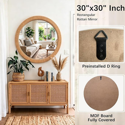 30"x30" inch Large Round Rattan Mirror for Wall, Boho Decorative Wicker Mirror Waterproof Synthetic Rattan Frame, for Bathroom, Bedroom, Living Room, Entryway