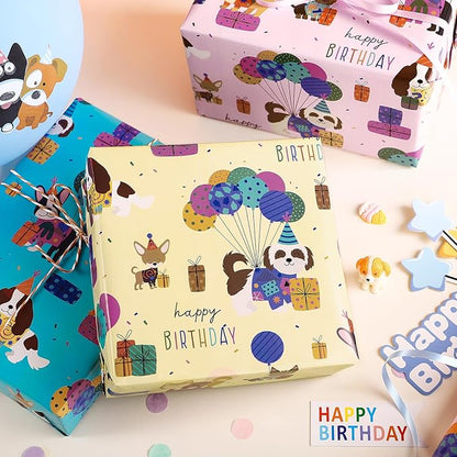WRAPAHOLIC Dog Wrapping Paper Roll - 3 Short Roll - Birthday Puppy Dog Wrapping Paper for Kids Boys Girls Birthday, Pets Lover - 17 Inch x 120 Inch Per roll