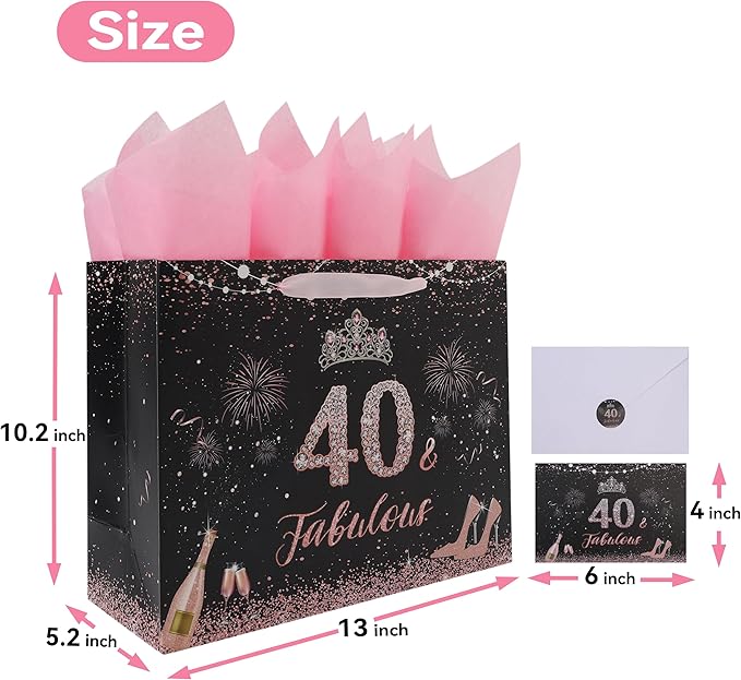 wishinside 13'' Large 40th Birthday Gift Bag Set with Handles, Greeting Card, Pink Tissue Papers and Stickers for 40 Year Old, Her, Women, Sister, Daughter, Best Friend, Tiara Design, 1 Pcs