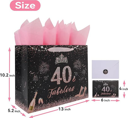 wishinside 13'' Large 40th Birthday Gift Bag Set with Handles, Greeting Card, Pink Tissue Papers and Stickers for 40 Year Old, Her, Women, Sister, Daughter, Best Friend, Tiara Design, 1 Pcs