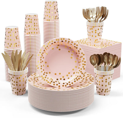 Pink and Gold Party Supplies - 350 PCS Disposable Dinnerware Set - Pink Paper Plates Napkins Cups, Gold Plastic Forks Knives Spoon for Graduation, Birthday, Thanksgiving, Cocktail Party