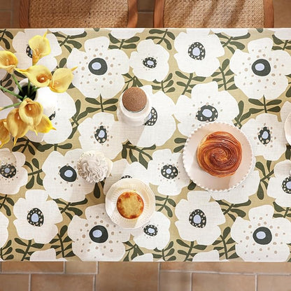 Designer Vintage Rectangular Tablecloth,Linen French Tablecloth with White Floral Pattern,Decorative Table Cover for Kitchen,Dining,Thanksgiving,Tea Party,63" × 87"-Hidaka