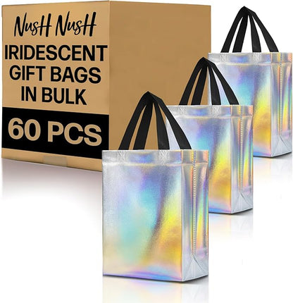 Nush Nush Set of 60 Iridescent Medium Gift Bags Bulk - Reusable Holographic Gift Bags With Handles - Goodie Bag for Birthday, Small Business, Wedding Welcome Gifts, Large Events – 8W x 4D x 10H