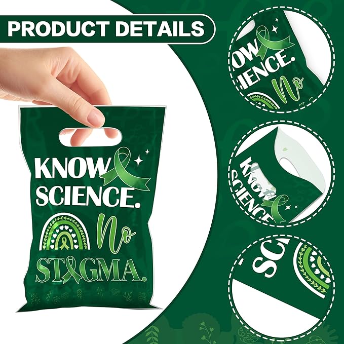 MOIZYNG 50Pcs Mental Health Awareness Gift Bags with Handles, Know Science No Stigma Mental Health Plastic Candy Treat Goodie Bags for Counselor Office Classroom Party Favors