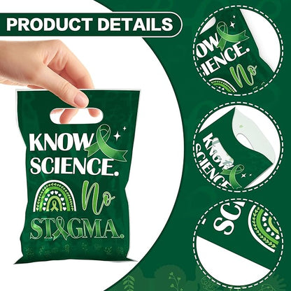 MOIZYNG 50Pcs Mental Health Awareness Gift Bags with Handles, Know Science No Stigma Mental Health Plastic Candy Treat Goodie Bags for Counselor Office Classroom Party Favors