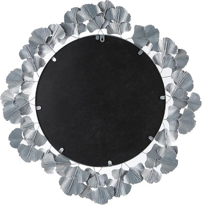Martha Stewart Wall Décor Large Gingko Leaf Round Wall Mirror for Living Room, Iron Metal Plate Frame Antique Finish, Ready to Hang Bedroom Decoration, Eden, 30.5", Silver