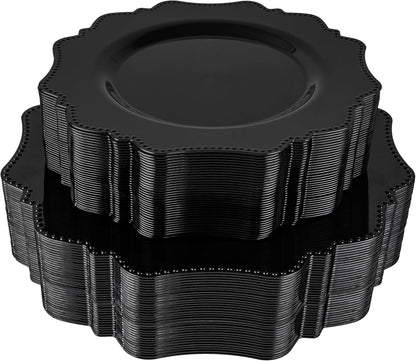 COLOSUS 100pcs Black Plastic Plates - Heavy Duty Black Plastic Plates Disposable for Party/wedding Include 50pcs Dinner Plates and 50pcs Dessert Plates.