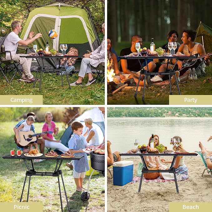 Anbte 3ft Roll Up Camping Table Max 27.5", 4 Adjustable Heights Aluminum Camping Table Foldable Waterproof with Carrying Bag, Lightweight, for Garden Picnic Outdoor Travel Beach, 35” X 16”, Black
