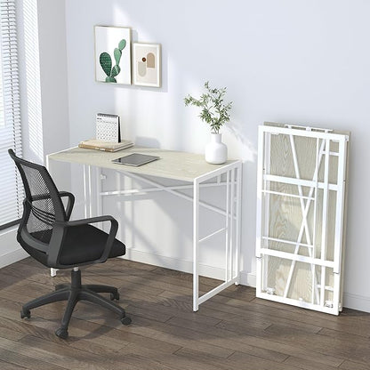 Lutown-Teen 40 inch Folding Desk, Writing Gaming Computer Camping Desk, No Assembly Required Home Office Table, Natural and White