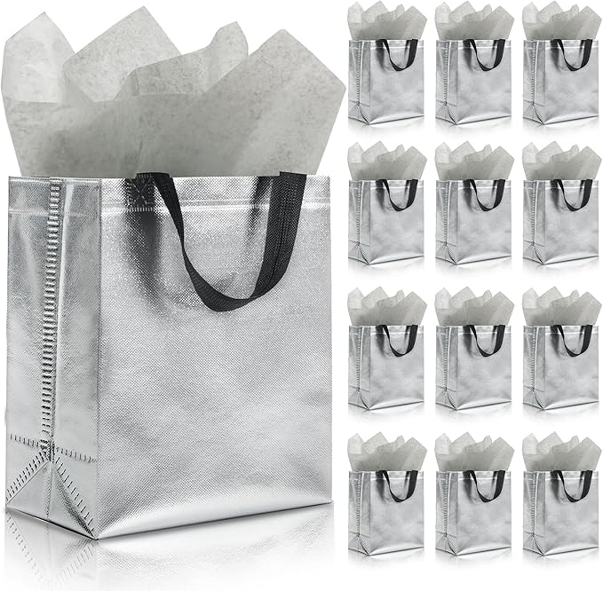 KeerxunBag 12pcs Reusable Gift Bags（Includes Tissue Paper） Gift bag with handle Birthdays Parties Holidays Weddings Medium 10x4x8in silver Gift Bags