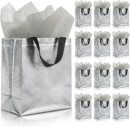 KeerxunBag 12pcs Reusable Gift Bags（Includes Tissue Paper） Gift bag with handle Birthdays Parties Holidays Weddings Medium 10x4x8in silver Gift Bags
