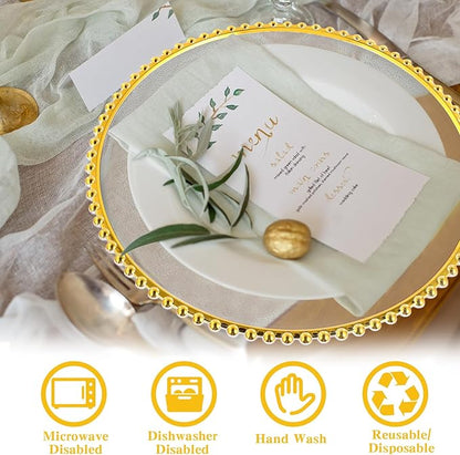 Hoolerry 50 Pack Clear Charger Plates Bulk 13 Inch Plastic Round Beaded Dinner Chargers Acrylic Frosted Grain Decorative Service Plates for Wedding Party Event, Home and Kitchen Tabletop (Gold)