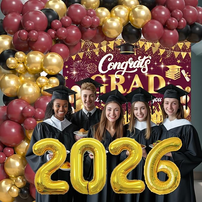 Maroon 2026 Graduation Party Decorations - Graduation Balloon Arch Kit With Maroon Gold Graduation Balloons, Congrats Grad Backdrop, 2026 Foil Balloons For High College School Graduation Decorations
