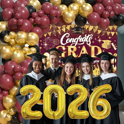 Maroon 2026 Graduation Party Decorations - Graduation Balloon Arch Kit With Maroon Gold Graduation Balloons, Congrats Grad Backdrop, 2026 Foil Balloons For High College School Graduation Decorations