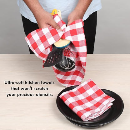 Gingham Check Dish Towels 12 Pack, 18"x26", Absorbent Hand Towels for Kitchen Use, Quick Dry Cloths, 100% Cotton, Durable Washable Rags, Reusable Dishcloth Set - Red, White