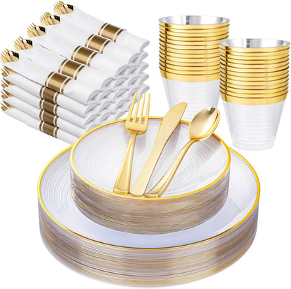 Morejoy 175PCS Clear Gold Plastic Plates - Disposable Gold Party Plates & Pre Rolled Napkins with Cutlery for 25 Guests, 50Plates, 75Silverware, 25Cups, 25Napkin for Party & Thanksgiving