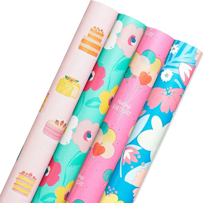American Greetings 160 sq. ft. Reversible Wrapping Paper Bundle for Birthdays and All Occasions, Floral and Happy Birthday Text (4 Rolls, 30 in. x 16 ft.)