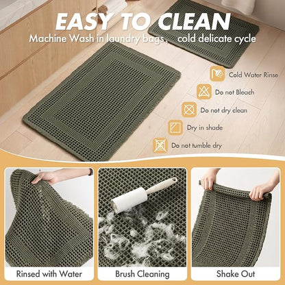 MIULEE Set of 2 Waffle Bathroom Rugs, Boho Bath Rug Super Absorbent, Non Slip Washable Ultra Soft Rubber Backed Shower Bath Mats for Floor, Tub, Shower, Looped Design, Green, 17x24 Inch