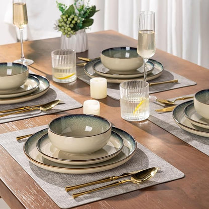GBHOME Ceramic Dinnerware Sets for 4, 12 Pieces Stoneware Plates and Bowls Sets, Scratch Resistant Dishes, Dishwasher & Microwave Safe, Reactive Glaze-Gravel