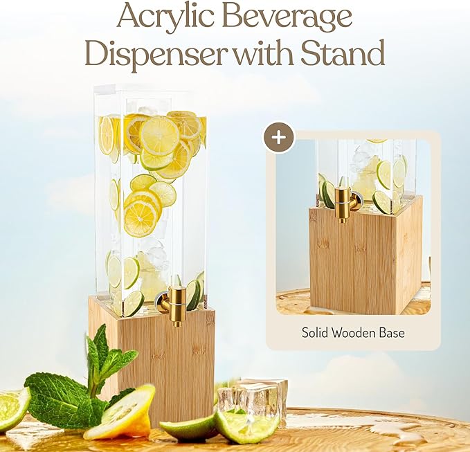 1.25 Gallon Acrylic Beverage Dispenser with Bamboo Stand – Iced Drink Dispenser with Stainless Steel Spigot & Built-in Ice Core