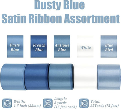 Dusty Blue Satin Ribbon Set, 1 1/2 Inch x 25 Yards, 5 Rolls French Blue Antique Blue Ribbon for Wedding, Flower Bouquet, Gift Wrapping, Hair Bows, Crafts and Party Decorations