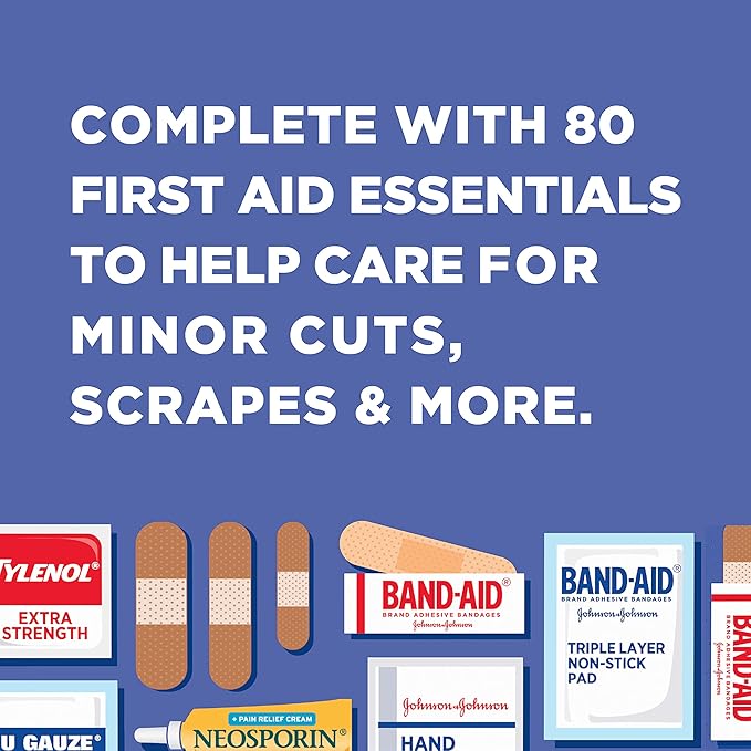 BAND-AID Brand Travel Ready Portable Emergency First Aid Kit for Minor Wound Care, Perfect for Home, Car, Travel, Camping Essentials & Outdoor Emergency Kit, 80 Pieces