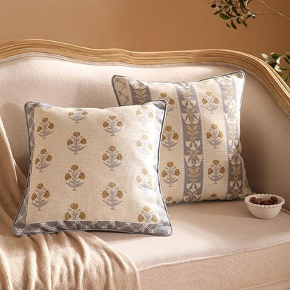patdrea Designer Square Throw Pillow Covers Set of 2,Rustic Linen with Elegant Grey Blue Floral Pattern Pillows Cover,Decorative Pillowcases Cushion for Bed Living Room Outdoor Car,18 x18 Inches