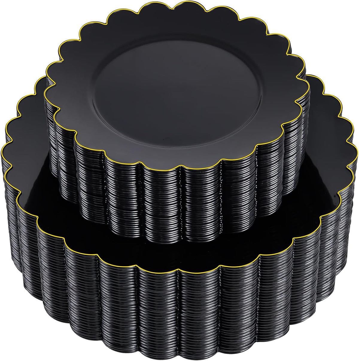 supernal 100pcs Black and Gold Plastic Dinnerware Set - Scalloped Disposable Plates Heavy Duty Gold And Black Plastic Plates Service for 50 Guests,Perfect for Party Birthday Wedding Festival