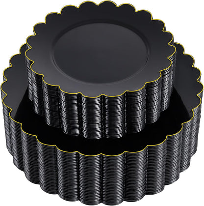 supernal 100pcs Black and Gold Plastic Dinnerware Set - Scalloped Disposable Plates Heavy Duty Gold And Black Plastic Plates Service for 50 Guests,Perfect for Party Birthday Wedding Festival