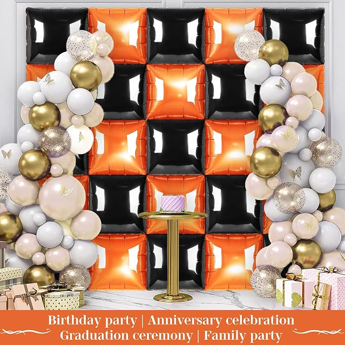 Black and Orange Square Foil Balloons 25 Pcs Metallic Black and Orange Balloons Wall Backdrop for New Year Graduation Birthday Bridal Shower Party Arch Backdrop Decorations