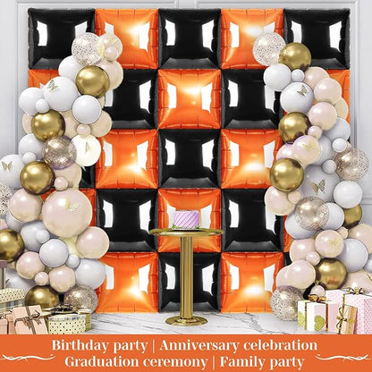 Black and Orange Square Foil Balloons 25 Pcs Metallic Black and Orange Balloons Wall Backdrop for New Year Graduation Birthday Bridal Shower Party Arch Backdrop Decorations