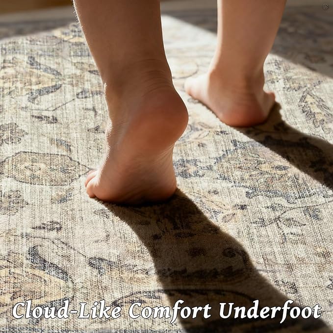 Washable 10x14 Area Rugs for Living Room, Boho Non-Slip Vintage Distress Large Rugs for Bedroom Dining Room Office, 0.3" Neutral Oriental Throw Thin Carpet, Flaxen/Multi, B2