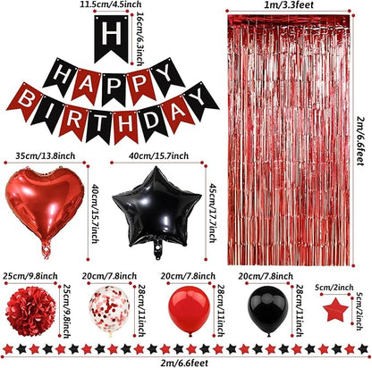 ZERODECO Red Black Birthday Party Decorations, Happy Birthday Banner Pompoms Balloon Arch Fringe Curtain Party Décor for Baby Girls Women Black and Red Party