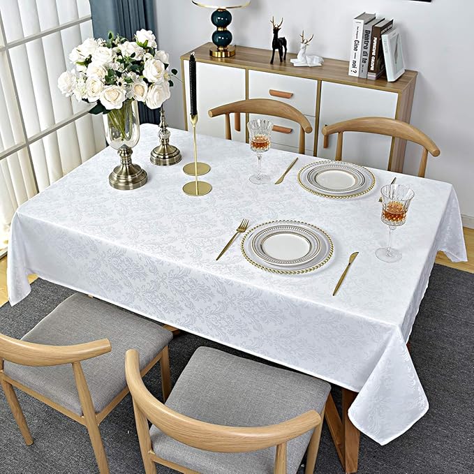 Rectangle Table Cloth - 60 x 84 Inch White Jacquard Tablecloths Damask Design Spillproof Wrinkle Resistant Shrinkproof Soft Tablecloth Polyester Oblong Table Cover for Kitchen Dinning Party Tabletop
