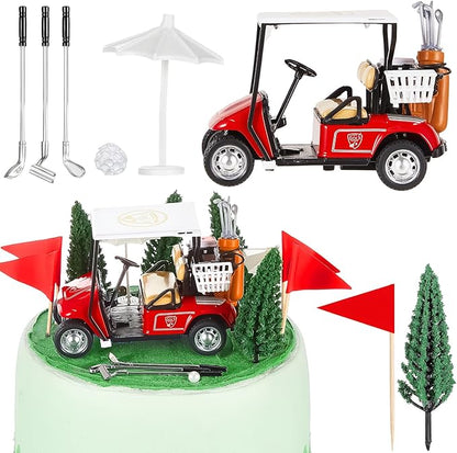 Leitee 21 Pcs Golf Cake Topper Cake Decoration Cupcake Topper Include Mini Cart Red Flag Ball Green Tree Club Sun Umbrella for Golf Themed Birthday(Red,Classic)