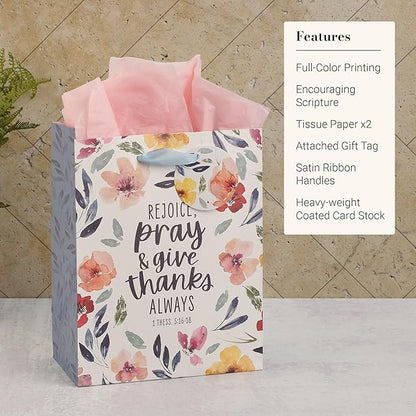 Christian Art Gifts Medium Portrait Inspirational Scripture Gift Bag, Tag & Tissue Wrapping Paper Set for Women: Rejoice, Pray & Give Thanks Bible Verse, Satin Ribbon Handles, White/Multicolor Floral