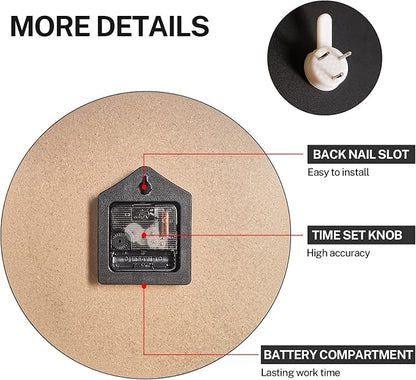 ArtSocket Wooden Wall Clock Silent Non-Ticking, Red Black Grey Irregular Geometric Grid Stripe Abstract Vintage Round Wall Clocks Decor for Home Kitchen Living Room Office, Battery Operated(12 Inch)