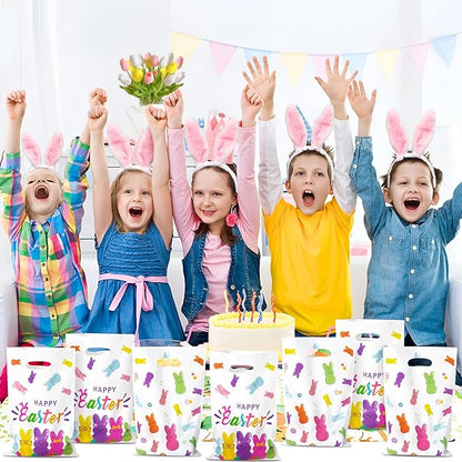 50Pcs Easter Bunny Peeps Party Favor Bag - Happy Easter Rabbit Plastic Waterproof Goodie Bag with Die Cut Handles Rectangular Candy Gift Bags for Kids Festival Decoration Party Favor Supplies