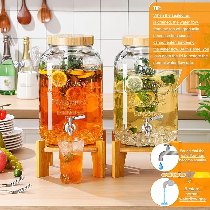 Honeydak 2 Pack 2.6 Gallon Glass Drink Dispenser for Parties, Large Beverage Dispensers with Wooden Stand, Lid & Stainless Steel Spigot for Wedding, Bars, Restaurants, Juice, Water, Lemonade, Cocktail