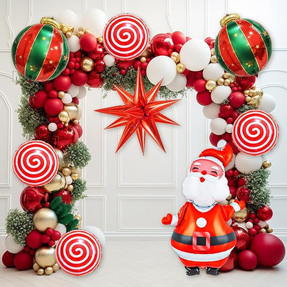 158PCS Christmas Balloon Arch Kit Xmas Party Balloons with Red Green White Golden Balloons Xmas Decoration Foil Balloons