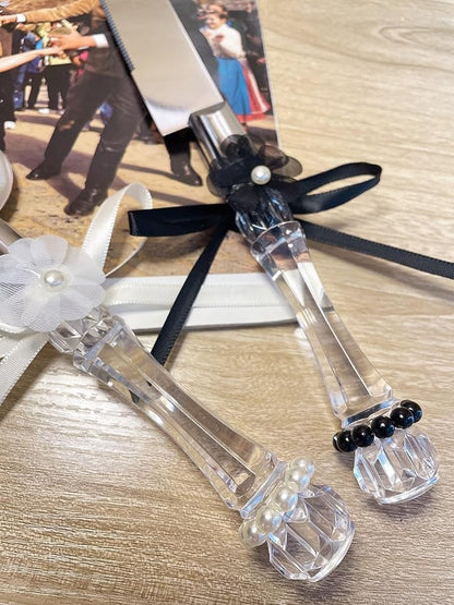 Set of 3 Cake Cutter Set Wedding Cake Knife and Server Set with Cake Topper, Perfect Cake Cutter for Wedding registry must haves, Cake Cutting Set with Black White Daisy Ribbons Design