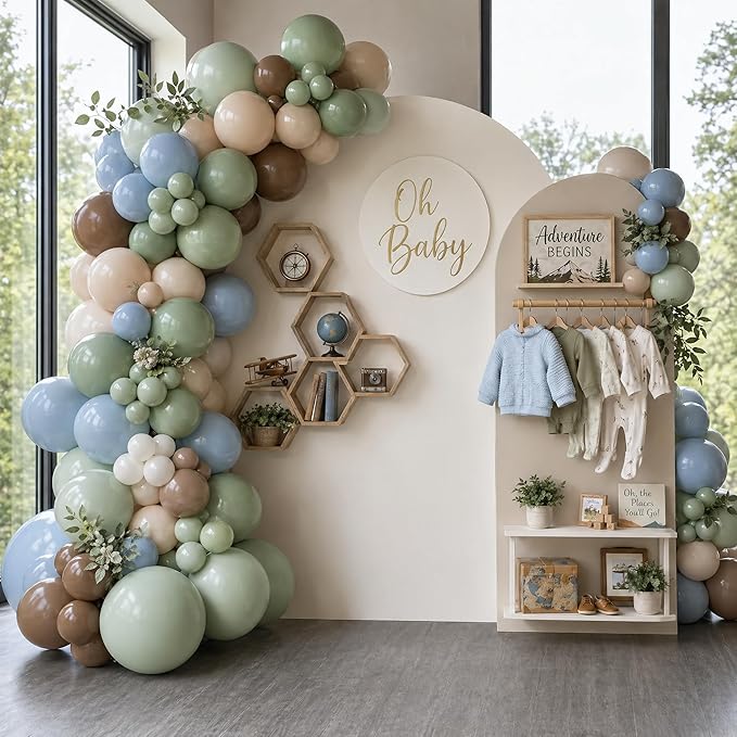 Sage Green Blue Brown Balloons, 60Pcs 12Inch Brown Nude Sage Green Olive Green Blue Sand White Balloon for Safari Jungle Woodland Wedding Baby Shower Birthday Party Decorations