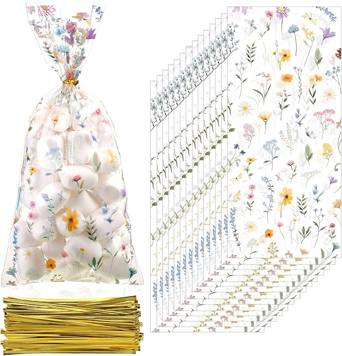 Sweetude 100 Pcs Wildflower Party Cellophane Treat Bags Floral Candy Plastic Clear Goody Bags Flat Bottom Gift supplies for Baby Shower Bridal Shower Birthday Wedding Party Favors,11 x 5