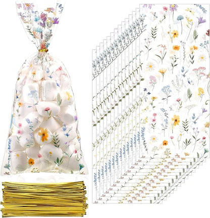 Sweetude 100 Pcs Wildflower Party Cellophane Treat Bags Floral Candy Plastic Clear Goody Bags Flat Bottom Gift supplies for Baby Shower Bridal Shower Birthday Wedding Party Favors,11 x 5