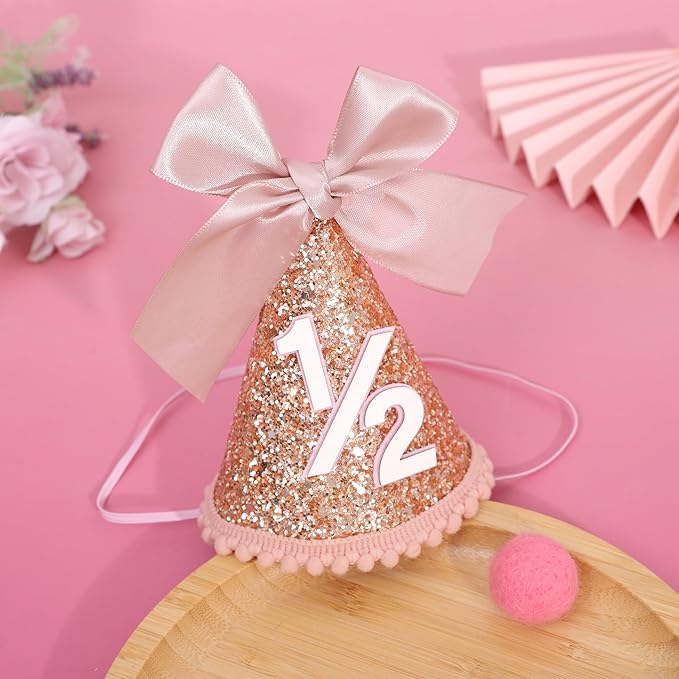 Rose Gold 1/2 Birthday Hat - Bow Birthday Party Decorations, Glitter Number Cone Hat, Princess Bow Hat