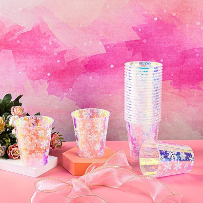 25 Winter Plastic Cups Iridescent Snowflake Party Cups 12oz Frozen Shiny Snowflakes Disposable Drinking Cups for Birthday Wedding New Year Holiday Party Supplies