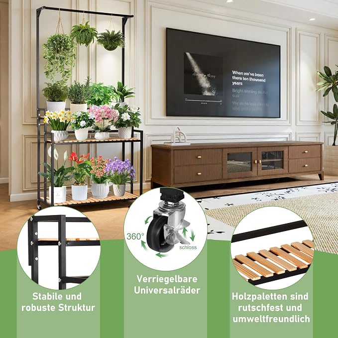 SEAdeerCH Multi-Functional Plant Stand ,Modern Rolling Plant Shelf Space-Conserve,Use Vintage Wood and Iron Frame, Robust Pine,Easy Assembly,for indoor/outdoor use in Living Spaces or Patio