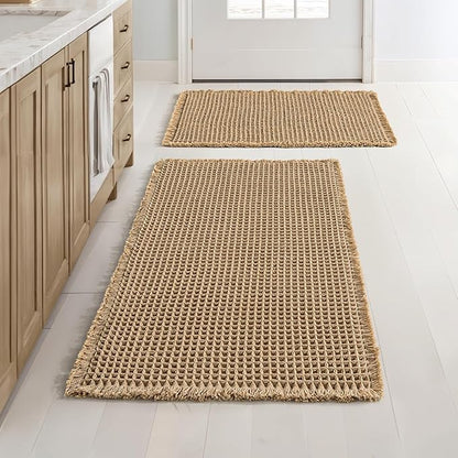 MIULEE Set of 2 Waffle Bathroom Rugs, Boho Bath Rugs Non Slip Washable, Super Absorbent Bath Mats, Ultra Soft Rubber Backed Shower Mats for Bathroom Floor, Tub, Brown, 17"x24"+18"x30"