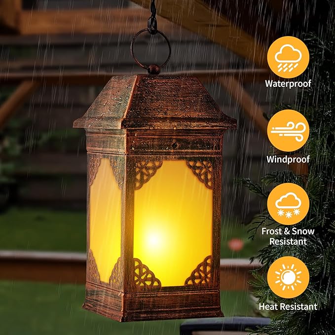 15.5" Solar Lanterns Outdoor Waterproof, Glass Flickering Flame Solar Lantern, Hanging Metal Lantern Decorative for Patio Front Porch Garden Backyard Tabletop Party Decoration
