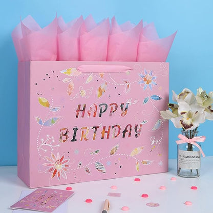Qirrmiy 16.5” Extra Large Happy Birthday Gift Bag Set with Handles, Greeting Card, Tissue Papers and Stickers for Women Girls, Pink Floral Design, 1 Pcs